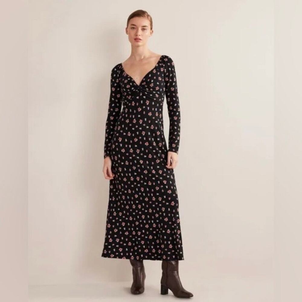 Boden Holiday Black Rose Pop Sweetheart Jersey Stretch Midi Maxi Dress Sz.8R NWT